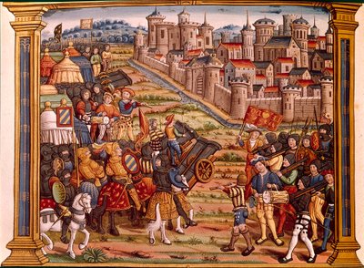 Oblężenie miasta z bombami: Ludwik XI przeciwko Liegeois. Miniatura pochodzi z rękopisu „Les epitaphes des feux kings Ludwik XIth o tym imieniu i od Karola, jego syna VIII o tym imieniu, który bóg absoe”” autorstwa Unknown artist