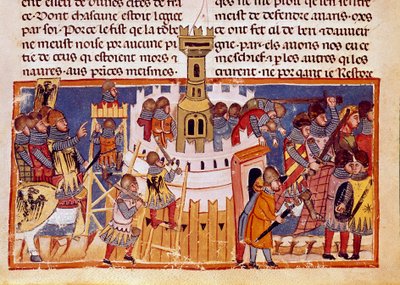 Oblężenie warownego miasta Miniatura zaczerpnięta z „Faktów Rzymian”” opowiadająca o życiu dwunastu Cezarów. Wenecja z XIII wieku, biblioteca Marciana autorstwa Unknown artist