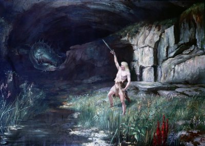 Zygfryd, stojąc twarzą do smoka Fafnera, machnął mieczem. Scena opery „Pierścień Nibelungów” Richarda Wagnera (1813 - 1883). Obraz. autorstwa Unknown artist