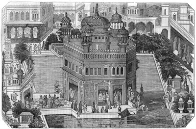 Sikhizm: widok na Złotą Świątynię (Harmandir Sahib), kulturalne centrum religii Sikhów, dorzecze i miasto Amritsar w indyjskim stanie Panjab (Królestwo Lahore). W „”Malowniczym sklepie”” 1836 autorstwa Unknown artist