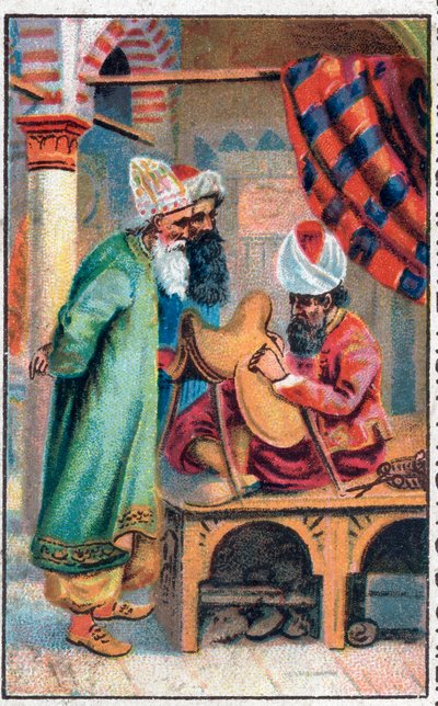 Sindbad robi siodło. Cudowne przygody Sindbada (Sindbada) żeglarza. Popularna opowieść o 1001 nocach (tysiąc i jedna noc). Chromolitografia z końca XIX wieku. autorstwa Unknown artist
