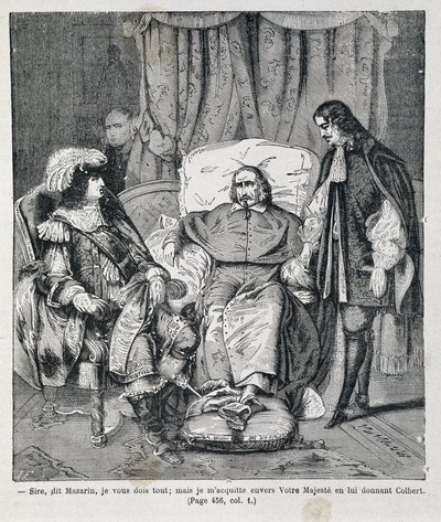 Panie, powiedział Mazarin, „Jestem ci winien wszystko, ale płacę Waszej Wysokości, dając mu Colberta”. Kardynał Jules Mazarin (Giulio Raimondo Mazzarino lub Mazarino) (1602-1661) przedstawia Jean Baptiste (Jean-Baptiste) Colbert (1619-1683) i Ludwika XIV ( autorstwa Unknown artist