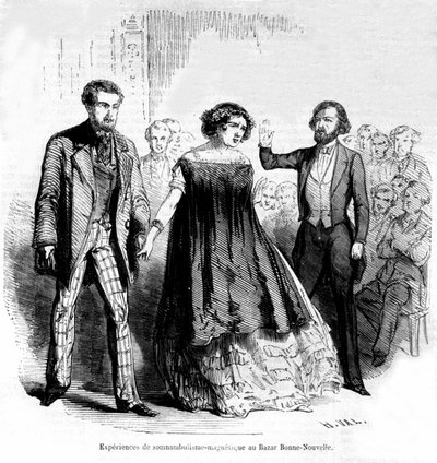 Lunatykujące przeżycia: magnetyzm i hipnoza na Bazarze de la Bonne-Nouvelle, grawerunek z 1885 roku autorstwa Unknown artist