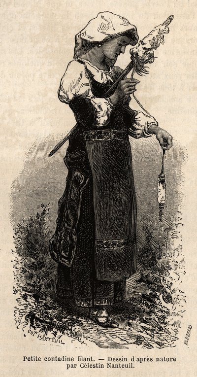 Mały contadine (chłop) z okolic Rzymu przędący wełnę swoim wrzecionem. Rycina ilustrująca podróż do Rzymu Francisa Weya w latach 1864-1870, opublikowana w „Le tour du monde” 1870-1871, pod redakcją Edouarda Chartona, wyd. Hachette, Pari autorstwa Unknown artist