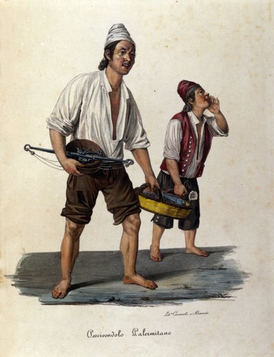 Mały metier ulicy: sprzedawcy chodzących ryb. Sycylia rycina z XIX wieku autorstwa Unknown artist