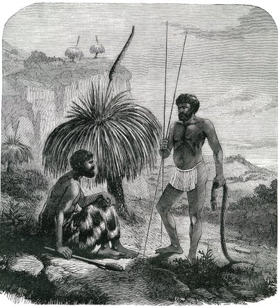 Łowcy węży w Australii. Grawerowanie 1868 autorstwa Unknown artist