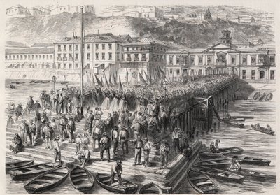 Południowoamerykańska wojna hiszpańska między Chile a Hiszpanią, wrzesień 1865: damy z Valparaiso, w obecności hiszpańskiej eskadry blokującej port, śpiewają hymny patriotyczne – Grawerowanie w „”The Illustrous World”” autorstwa Unknown artist