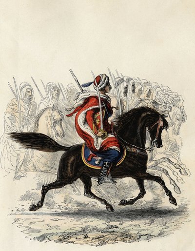 Spahis (korpus kawalerii indyjskiej armii francuskiej) złożony głównie z jeźdźców arabskich szkolonych dla prowincji Algier w 1834, d