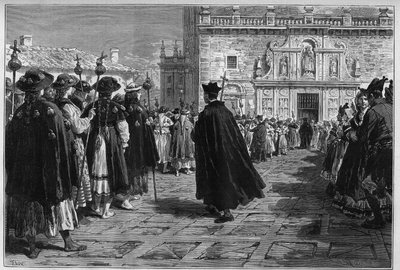 Hiszpania 1880: Święto Santiago de Compostela (Santiago de Compostela), procesja z pelerinami przed wejściem do Bazyliki. autorstwa Unknown artist