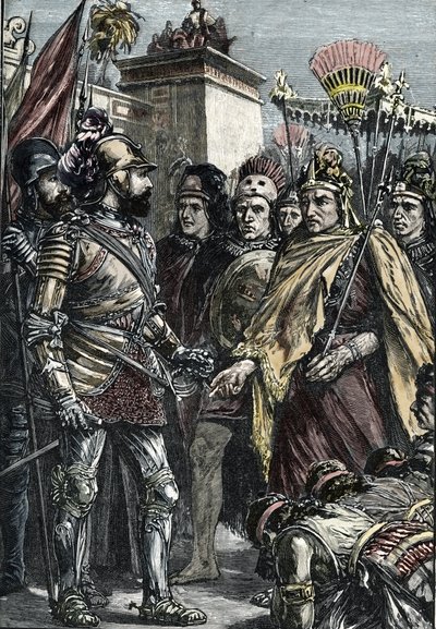 Hiszpański podbój Meksyku: spotkanie Hernana Cortesa i Montezumy II w 1519 r. autorstwa Unknown artist