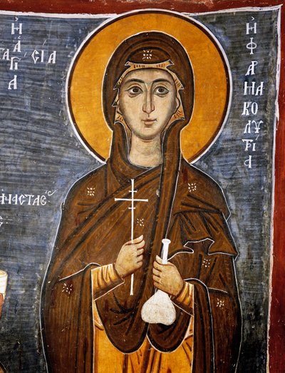 St Anastasia, uzdrowiciel koni z butelką lekarstw i krzyżem, bizantyjski kościół Matki Bożej z Asinou (XII w.) (Lista Światowego Dziedzictwa UNESCO, 2001), góry Troodos, Cypr, szczegół autorstwa Unknown artist