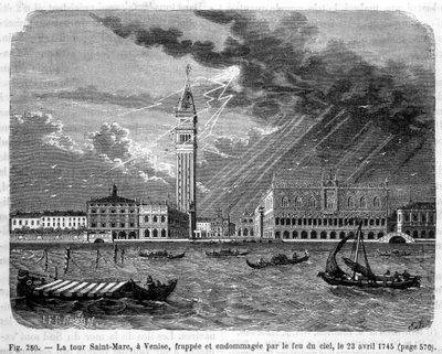 Wieża św. Marka w Wenecji trafiona i zniszczona przez pożar nieba 23 kwietnia 1745 r. – w „Cuda nauki” Louisa Figuiera autorstwa Unknown artist