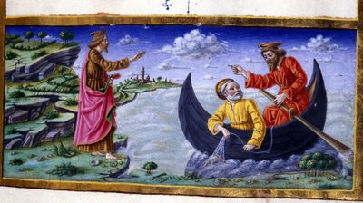Św. Piotr: Łowienie ryb na Jeziorze Tyberiadzkim. Miniatura z XV wieku. Mediolan, Biblioteca Trivulziana. autorstwa Unknown artist