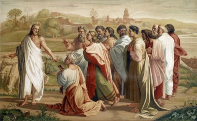Misja św. Piotra: Jezus powierza Piotrowi swoją owczarnię w obecności innych apostołów - wg malarstwa z XVI wieku autorstwa Unknown artist