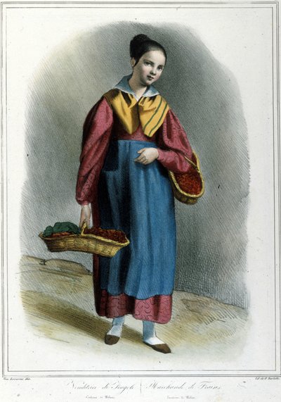 Sprzedawczyni truskawki. Grawerowanie z „Strój mediolański z Locarno” autorstwa Unknown artist