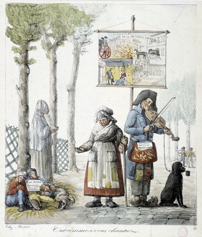 Muzycy uliczni, żebrzące dzieci - litografia autorstwa Unknown artist