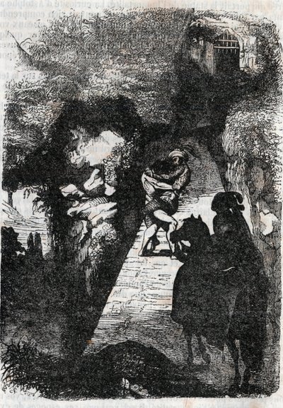 Walka między Rolandem a Rodomontem - rycina z 1851 r. z „Wściekły Roland” (Orlando furioso) (XVI w.) Ludovico Ariosto, znanego jako Ariosta - Wydanie przetłumaczone z języka włoskiego przez hrabiego Tressan i wydane przez Gustave