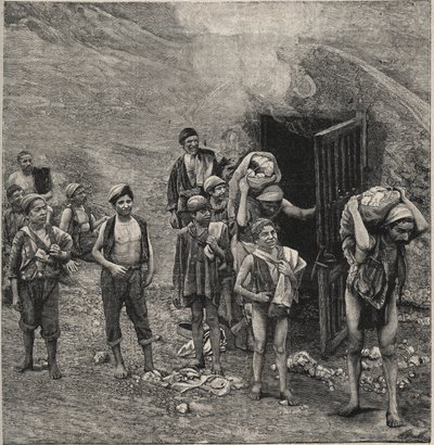 Wydobycie siarki (Zolfara) na Sycylii, rysunek autorstwa Unknown artist