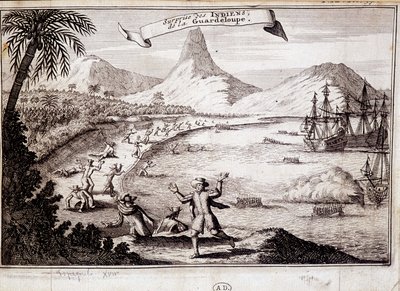 Niespodzianka Indian przy lądowaniu Krzysztofa Kolumba na Gwadelupie (karawele) - grawer autorstwa Unknown artist