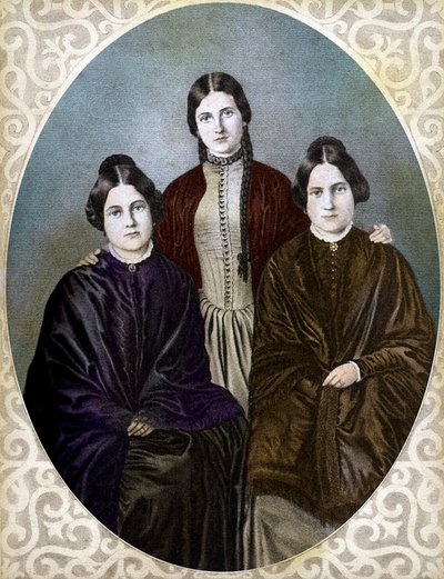 THE FOX SISTERS Margaretta, Kate i Leah pionierki spirytyzmu (Fox Sisters: od lewej do prawej: Margaret lub Maggie (1837-1893), Kate (1828-1892) i Leah (1814-1880), pionierki spirytyzmu i spirytyzmu autorstwa Unknown artist