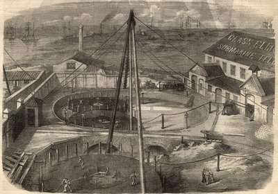 Telegrafia: kabel transatlantycki wyprodukowany w fabryce szkła Elliot and Company w East Greenwich (Anglia) jest gotowy do dostarczenia. Grawerowanie w „The Illustrated London News”” z 14 marca autorstwa Unknown artist