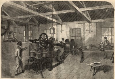 Telegrafia: produkcja kabla transatlantyckiego w zakładzie Glass, Elliot and Company w East Greenwich (Anglia). Grawerowanie w „The Illustrated London News”” z 14 marca autorstwa Unknown artist