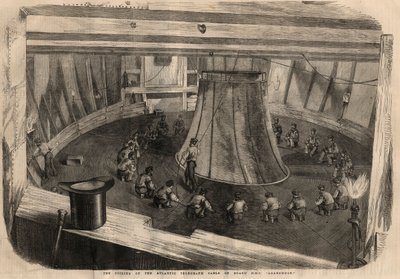 Telegrafia: zwijanie kabla transatlantyckiego na pokładzie statku H.M.S. „”Agamemnon”””. Grawerowanie w „Ilustrowanych wiadomościach londyńskich” z 1 sierpnia autorstwa Unknown artist