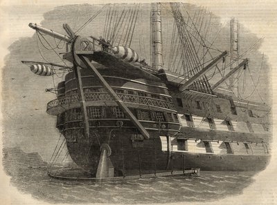 Telegrafia: widok na rufę statku H.M.S. „Agamemnon”, który ułoży pierwszy kabel transatlantycki. Grawerowanie w „The Illustrated London News”” z 5 czerwca autorstwa Unknown artist