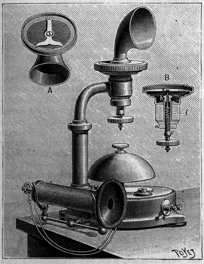 Telefonia w Szwecji: model telefonu firmy Ericsson. Rycina w „Przyroda: przegląd nauk i ich zastosowania w sztuce i przemyśle” z dnia 23 marca 1889 r. autorstwa Unknown artist