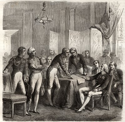Sojusz z 1834 r. między Wielką Brytanią, Francją, Hiszpanią i Portugalią w celu wyegzekwowania koncesji Evoramonte - W obliczu roszczeń Don Carlosa do hiszpańskiego tronu, Sojusz Czteroosobowy (Charles-Maurice de Talleyrand - Don Manuel Pando-Fernandez autorstwa Unknown artist