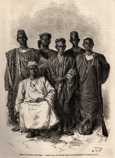 Afrykańska eskorta Maga, porucznika na statku, wysłana na misję do Nigru. Grawer ilustrujący historię podróży porucznika Mage w Sudanie Zachodnim w latach 1863-1866, opublikowany w „Le tour du monde, nouveau journal des voyages” pod redakcją E. autorstwa Unknown artist