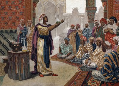 Arabski alchemik Geber (Jâbir ibn Hayyan) (v721-v815), zachwycający chemią. Barcelona 1881 autorstwa Unknown artist