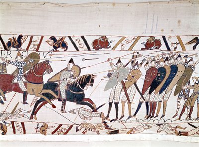 Bitwa pod Hastings, wygrana przez Wilhelma I Zdobywcę (1027-1087) w dniu 14.10.1066 i podczas której zginął król Anglii Harold II (1022-1066). Gobelin z Bayeux, znany jako Haft królowej Matyldy autorstwa Unknown artist