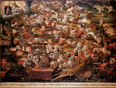Bitwa pod Lepante u wybrzeży Grecji przeciwstawiła Turkom siły hiszpańskie, weneckie i papieża w 1571 roku. Malarstwo anonimowe. 16 wiek. Muzeum Correr w Wenecji autorstwa Unknown artist