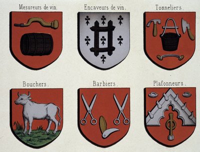 Herby Gandawy (wzór herbów średniowiecza): miarki do wina, grotołazi na wino, bednarze, rzeźnicy, fryzjerzy, sufity autorstwa Unknown artist