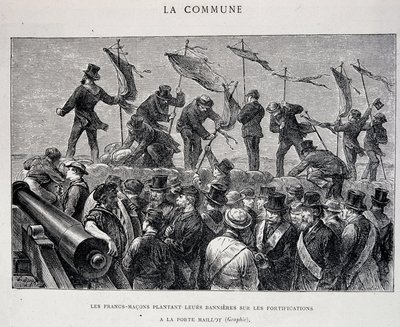 Komuna: Masoni umieszczający swoje sztandary na fortyfikacjach Porte Maillot (1871) - rycina autorstwa Unknown artist