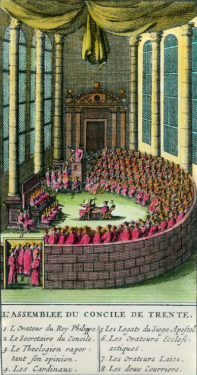 Sobór Trydencki. Ilustracja z opisem członków obecnych na zgromadzeniu. Sobór Trydencki został zwołany przez papieża Pawła III (przedstawiciela Kościoła rzymskokatolickiego) w 1545 r. w odpowiedzi na prośby Marcina Lutra w autorstwa Unknown artist