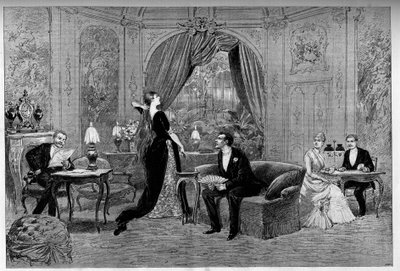 Hrabia Riverolles, Francine, Stanislas de Grandredon, Therese Smith i Henri de Simeux, bohaterowie sztuki „Francillon”, komedii Aleksandra Dumasa (1824-1895) granej w Comedie-Francaise (1887) w Paryżu. Grawerowanie w „” Le monde illustriou autorstwa Unknown artist