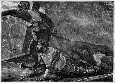Śmierć Juana z La Cosa - Śmierć Juana de la Cosa (1460-1510) kartografa, konkwistadora i hiszpańskiego odkrywcy w Cartagena, Kolumbia - rycina z 1887 roku autorstwa Unknown artist
