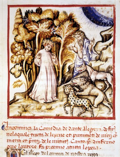 Boska komedia Dantego Alighieri. Miniatura przedstawiająca Dantego, Wergiliusza i trzy bestie. Rękopis z XIV wieku. Biblia Miejska z Rimini. autorstwa Unknown artist