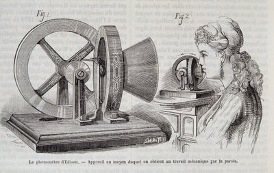 Fonometr Edisona - urządzenie, za pomocą którego uzyskuje się pracę mechaniczną poprzez mowę w „Naturze” 1878. autorstwa Unknown artist