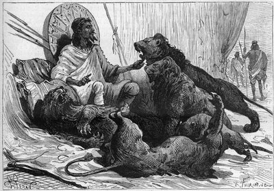 Cesarz (ras) Theodoros z Abisynii otacza swoje lwy. W „Nature” z 1888 r. autorstwa Unknown artist