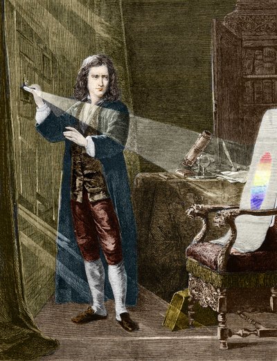 Angielski fizyk Isaac Newton (1642-1727) rozkładający światło za pomocą szklanego pryzmatu. Grawerowanie z 1880 roku. autorstwa Unknown artist