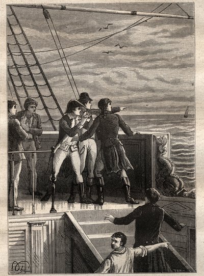 Wyprawa na Ziemie Południowe (1800-1803) Nicolasa Baudina (1754-1803): marynarze z Nowej Holandii (Australia) zgłaszają zasłonę na horyzoncie - ilustracja zaczerpnięta z „Wielkich Marynarzy XVIII wieku” autorstwa Unknown artist