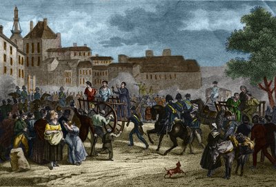 Czterej sierżanci doprowadzili do skazu: Czterech sierżantów (Bories, Pomier, Raoulx i Goudin) z La Rochelle oskarżonych w ramach Restauracji o chęć obalenia monarchii i gilotyn w 1822 roku. Ich zbrodnią jest przynależność do Charbonnerie (Carboner). autorstwa Unknown artist