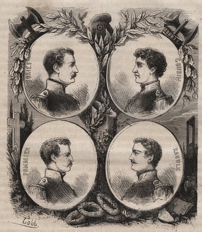 Czterej sierżanci (Jean Francois Bories (1795-1822), Jean Joseph Pommier (1796-1822), Marius Claude Raoulx (1797-1822)) i Charles Goubin (1798-1822) z La Rochelle oskarżeni w ramach Restauracji o chęć obalenia monarchia i gilotyny w 1822 r. autorstwa Unknown artist