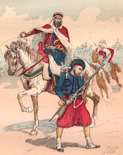 Armia francuska pod panowaniem Ludwika Filipa od 1830 do 1848 - Zouave i Spahi - Grawerowanie od 1882 w „Histoire de dix ans: 1830-1840”” Louis-Blanc (1811-1882) autorstwa Unknown artist