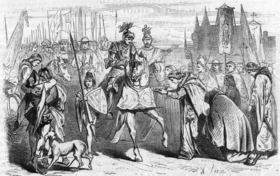 Francuzi udali się do Bordeaux 23 czerwca 1451 pod wodzą Karola VII, kończącego rekonkwistę przeciwko Anglikom. Rycina XIX wieku. autorstwa Unknown artist