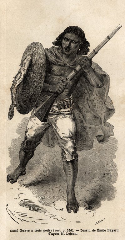 The Game, czyli odważny, ma trzy włosy, abisyński strzelec. Grawer ilustrujący podróż do Abisynii w 1862 r. autorstwa Guillaume Lejean w „Le tour du monde, nouveau journal des voyages” wydanej pod kierunkiem Edouarda Chartona autorstwa Unknown artist