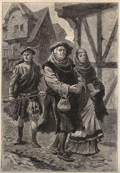 Gartier (The Glover) towarzyszący córce do kościoła - XIX-wieczna ilustracja do powieści historycznej „Ładna dziewczyna z Perth lub Walentynki (lub Piękna panna z Perth) autorstwa autorstwa Unknown artist